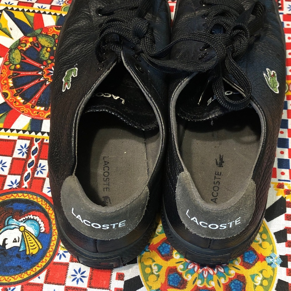 Lacoste Black Leather Lace-Up Sneakers with Green Croc Accent